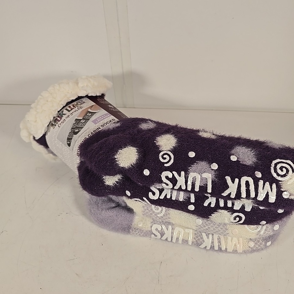 Muk Luk Womens Cabin Socks 2 Pair Purple Polka Dot andPurple/White Plaid S/M 5-7